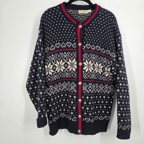 Vintage L.L. Bean Blue Red White Chunky Knit Fair Isle Cardigan Sweater Large - Picture 1 of 5